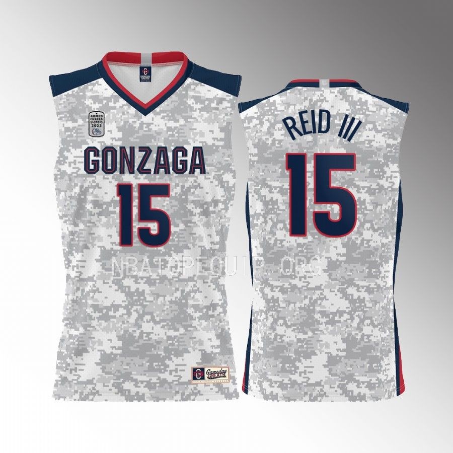 Gonzaga Bulldogs 2022 Carrier Classic Efton Reid White Jersey #15 Armed Forces Day
