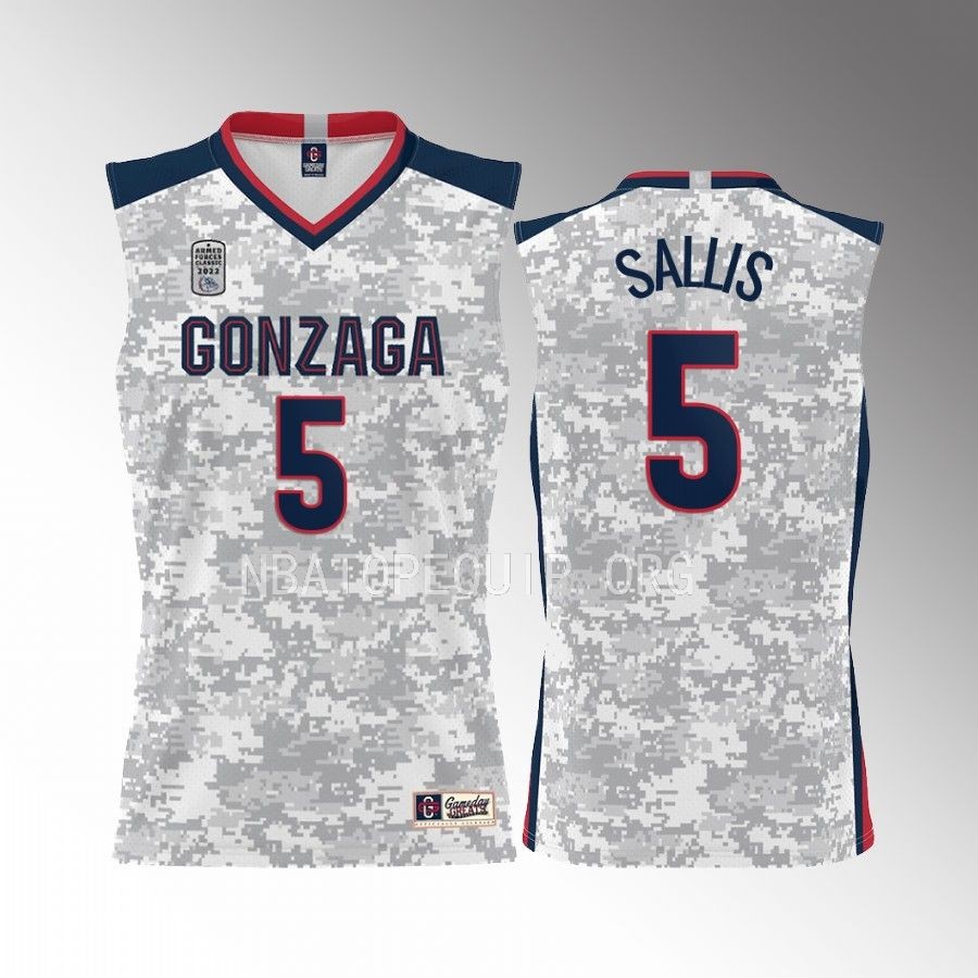Gonzaga Bulldogs 2022 Carrier Classic Hunter Sallis White Jersey #5 Armed Forces Day