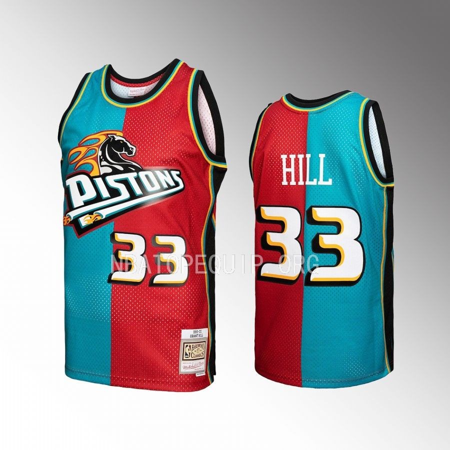 Grant Hill Hardwood Classics 1999-00 Jersey Detroit Pistons #33 Teal Red Split Swingman Men's Shirt