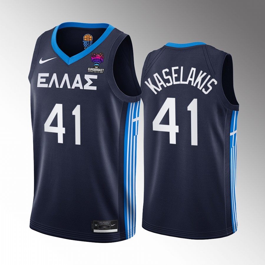 Greece Team #41 Leonidas Kaselakis EuroBasket 2022 Away Men Jersey Navy