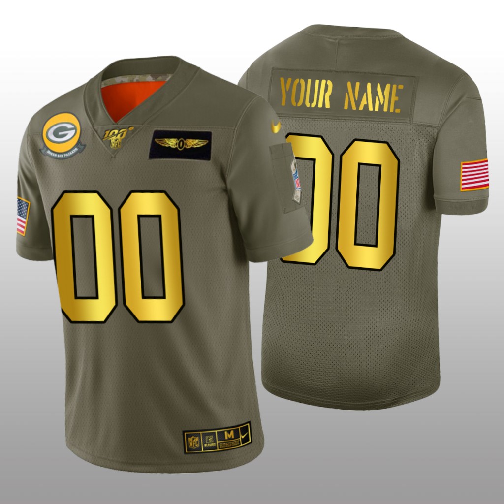 Green Bay Packers Custom Olive Golden NFL 100 Jersey 2019 Salute to Service - Men's