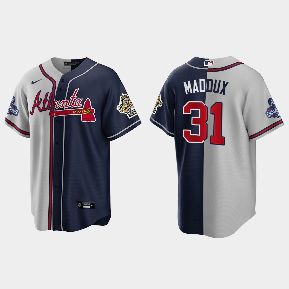 Greg Maddux Atlanta Braves 2021 World Series Champions 1995 Throwback Split Jersey - Gray Navy