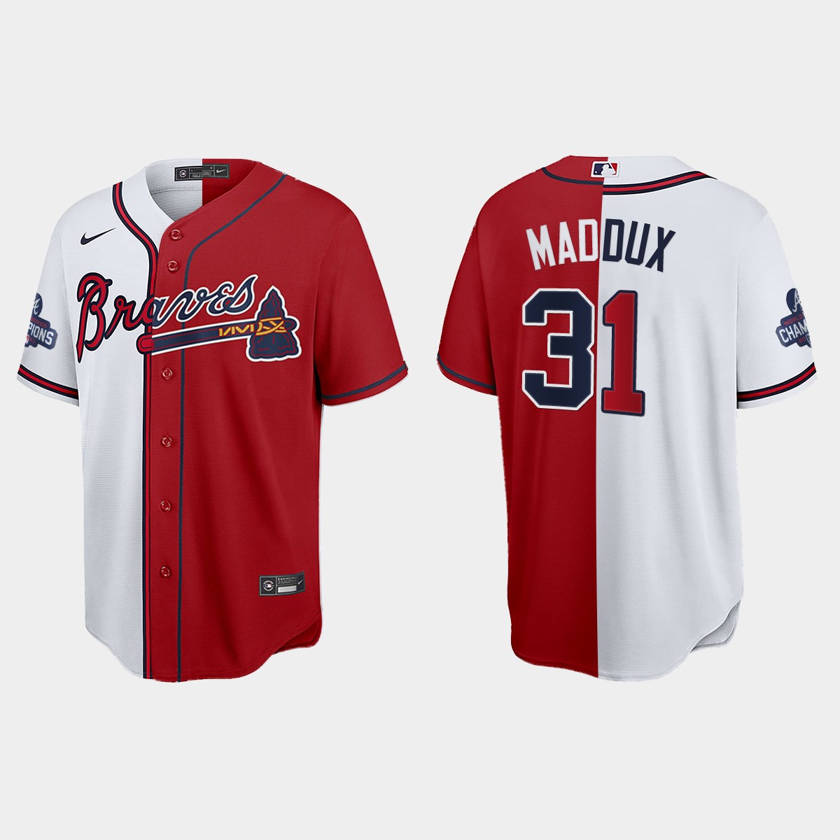 Greg Maddux Atlanta Braves 2021 World Series Champions Split Jersey - Red White