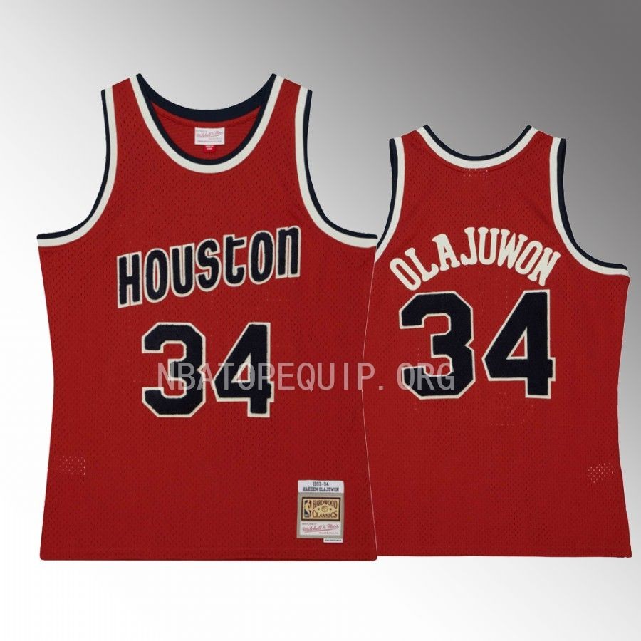 Hakeem Olajuwon Houston Rockets #34 Off Court Chenille Jersey Red Hardwood Classics 1993-94 Men