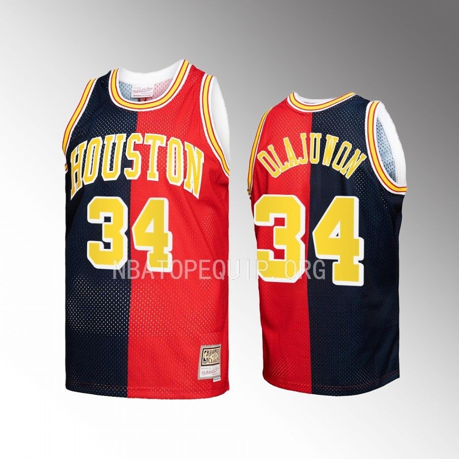 Houston Rockets Hakeem Olajuwon Hardwood Classics #34 Navy Red Split Swingman Jersey