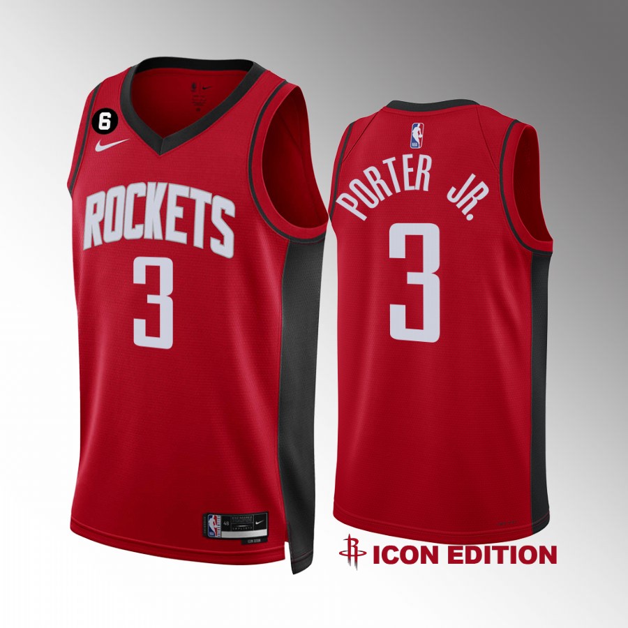 Houston Rockets Kevin Porter Jr. 2022-23 Icon Edition Red #3 Jersey NO.6 Patch