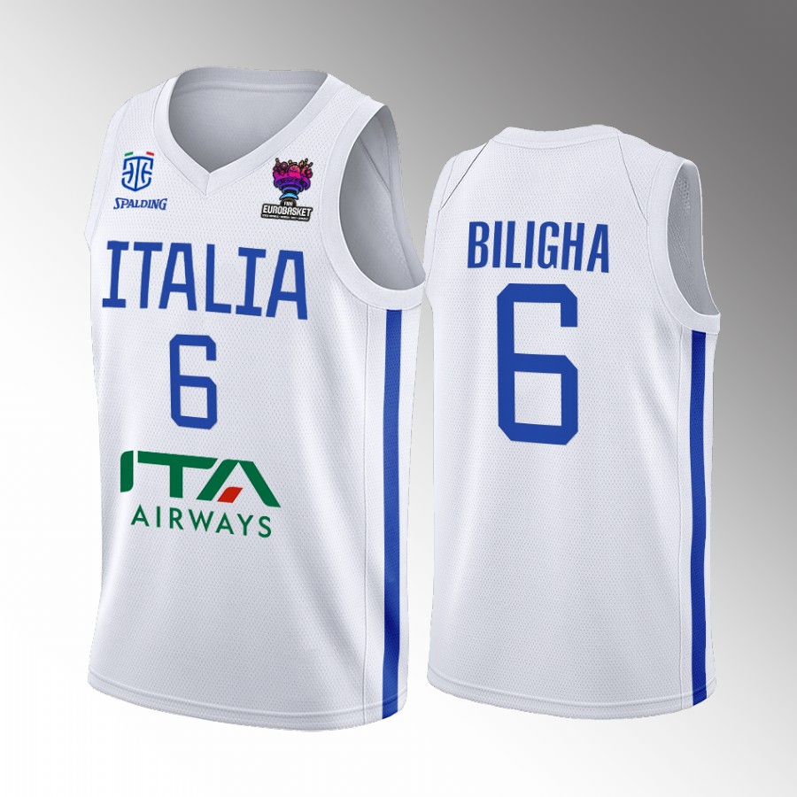 Italy Team #6 Paul Biligha EuroBasket 2022 Away Men Jersey White