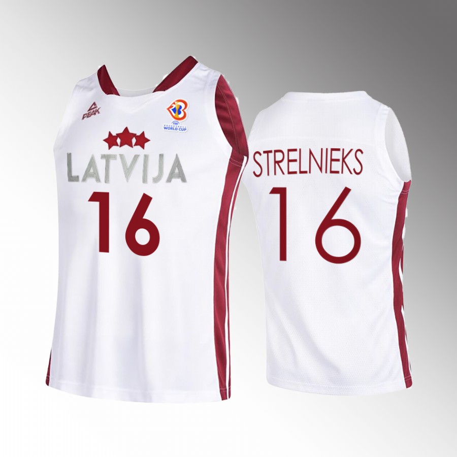 Janis Strelnieks Latvia  2023 FIBA World Cup White Jersey Home #16