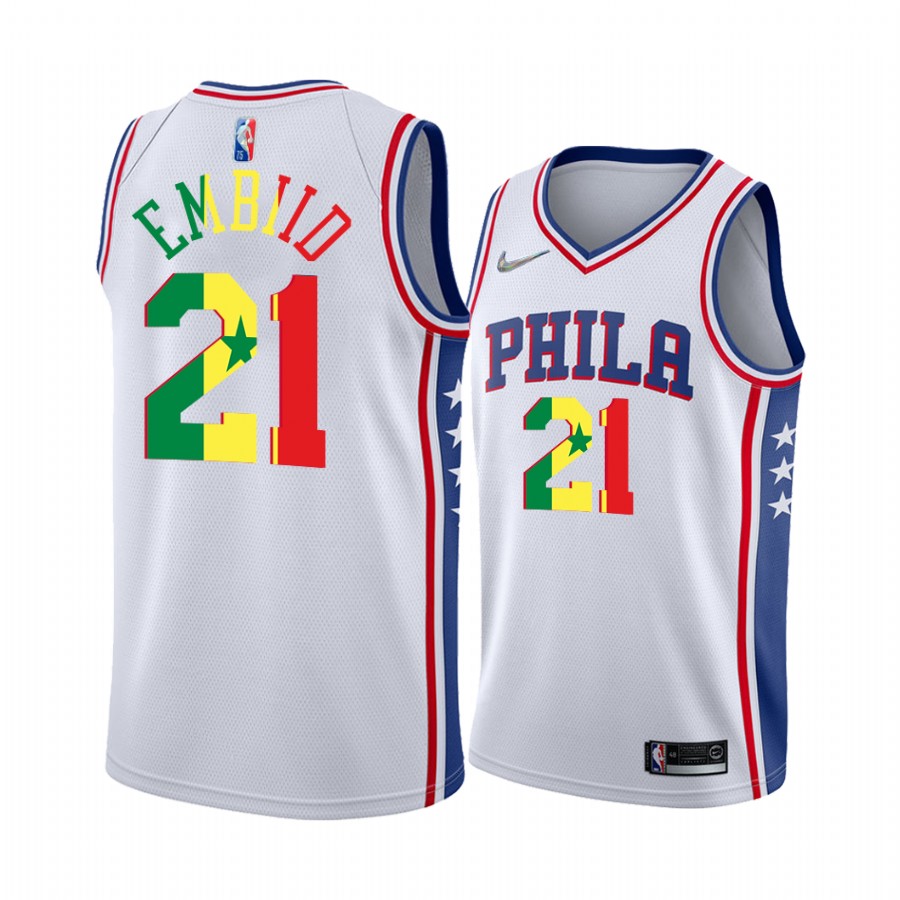 Joel Embiid 1st International player win a scoring title Philadelphia 76ers #21 White Jersey Cameroon Proud