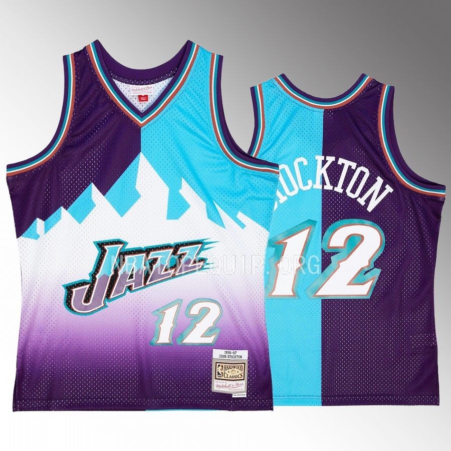 John Stockton Utah Jazz Purple Turquoise Hardwood Classics 1996-97 Split Swingman #12 Jersey