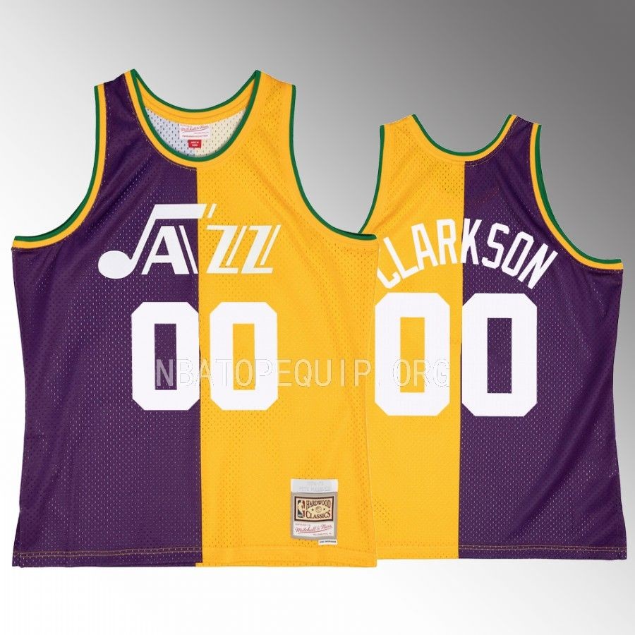 Jordan Clarkson New Orleans Jazz Jersey Hardwood Classics Purple Yellow #00 Split Swingman