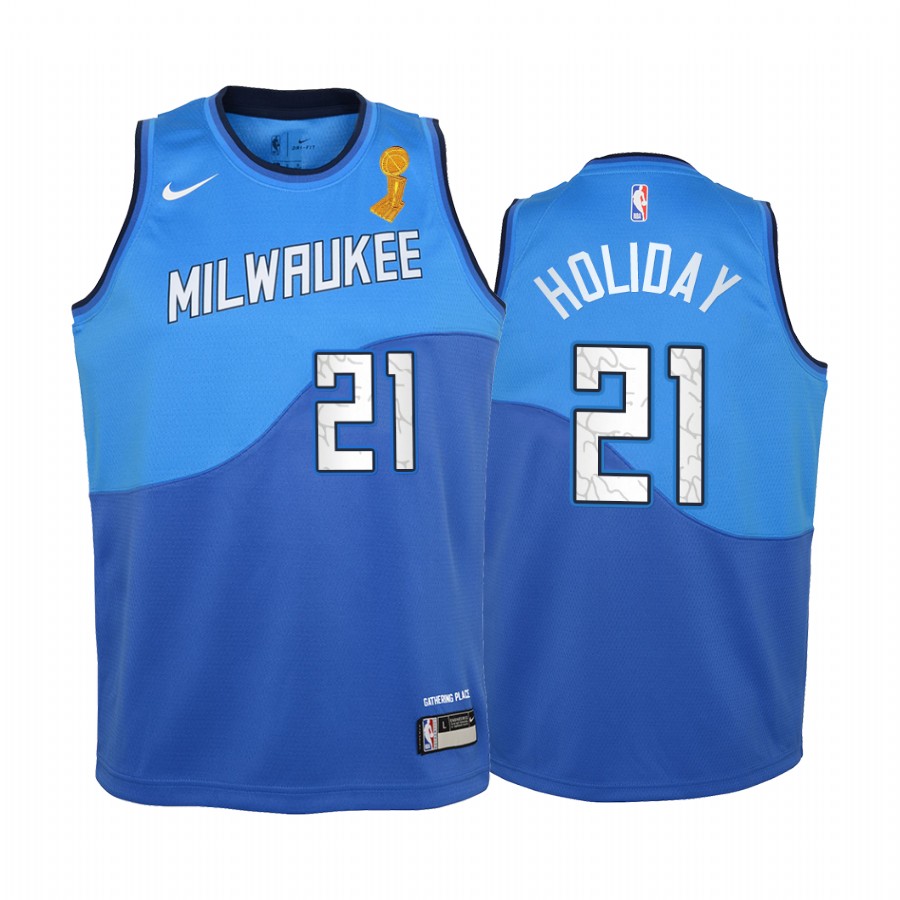 Jrue Holiday Milwaukee Bucks Blue 2021 NBA Finals Champions Youth Jersey City Edition