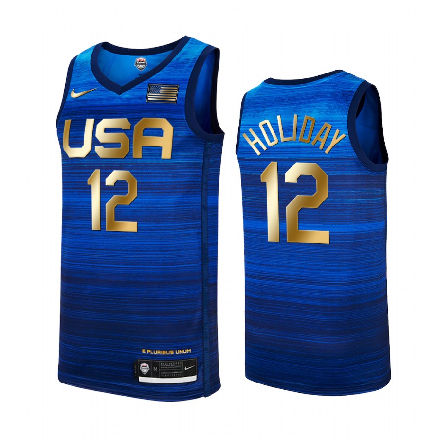 Jrue Holiday USA  #12 Blue 2021 Tokyo Olymipcs Gold Winner 4 Consecutive Jersey