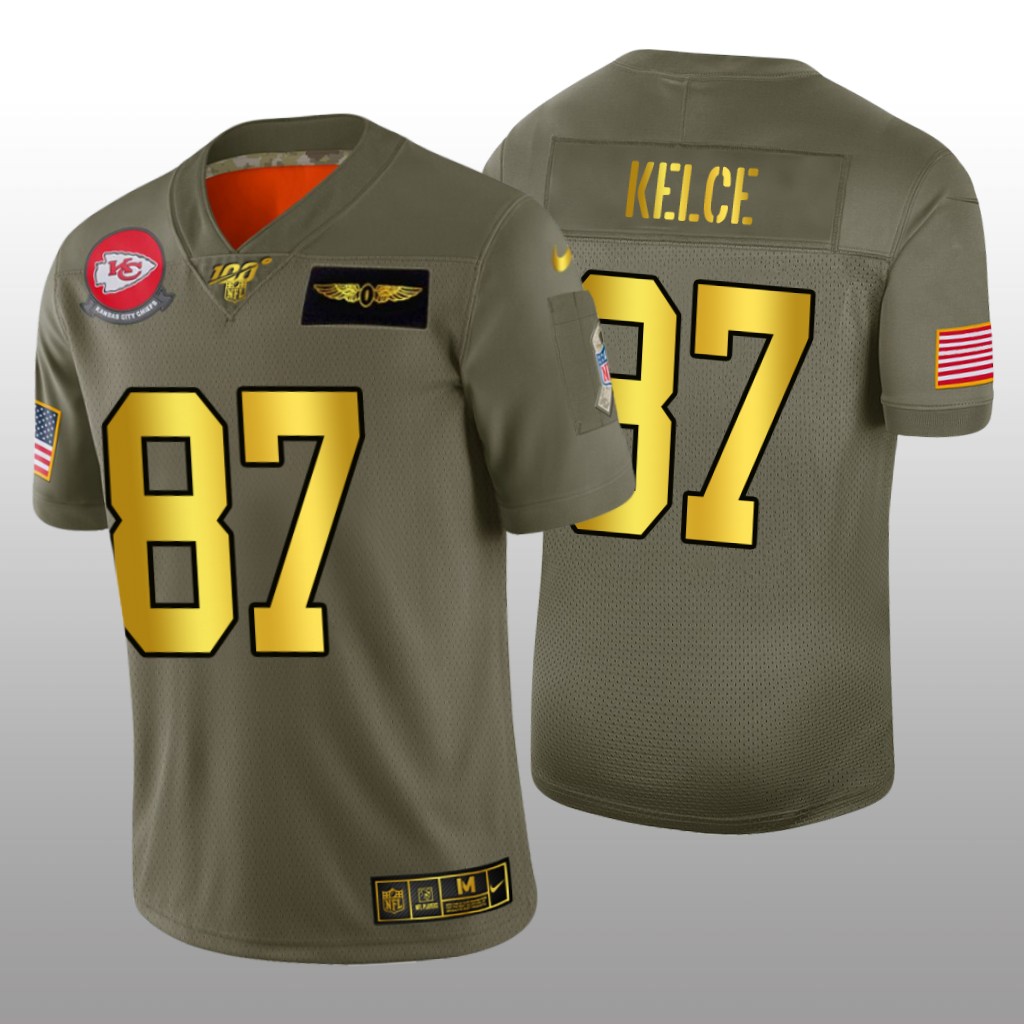 Kansas City Chiefs Travis Kelce Olive Golden NFL 100 Jersey 2019 Salute to Service - Men's