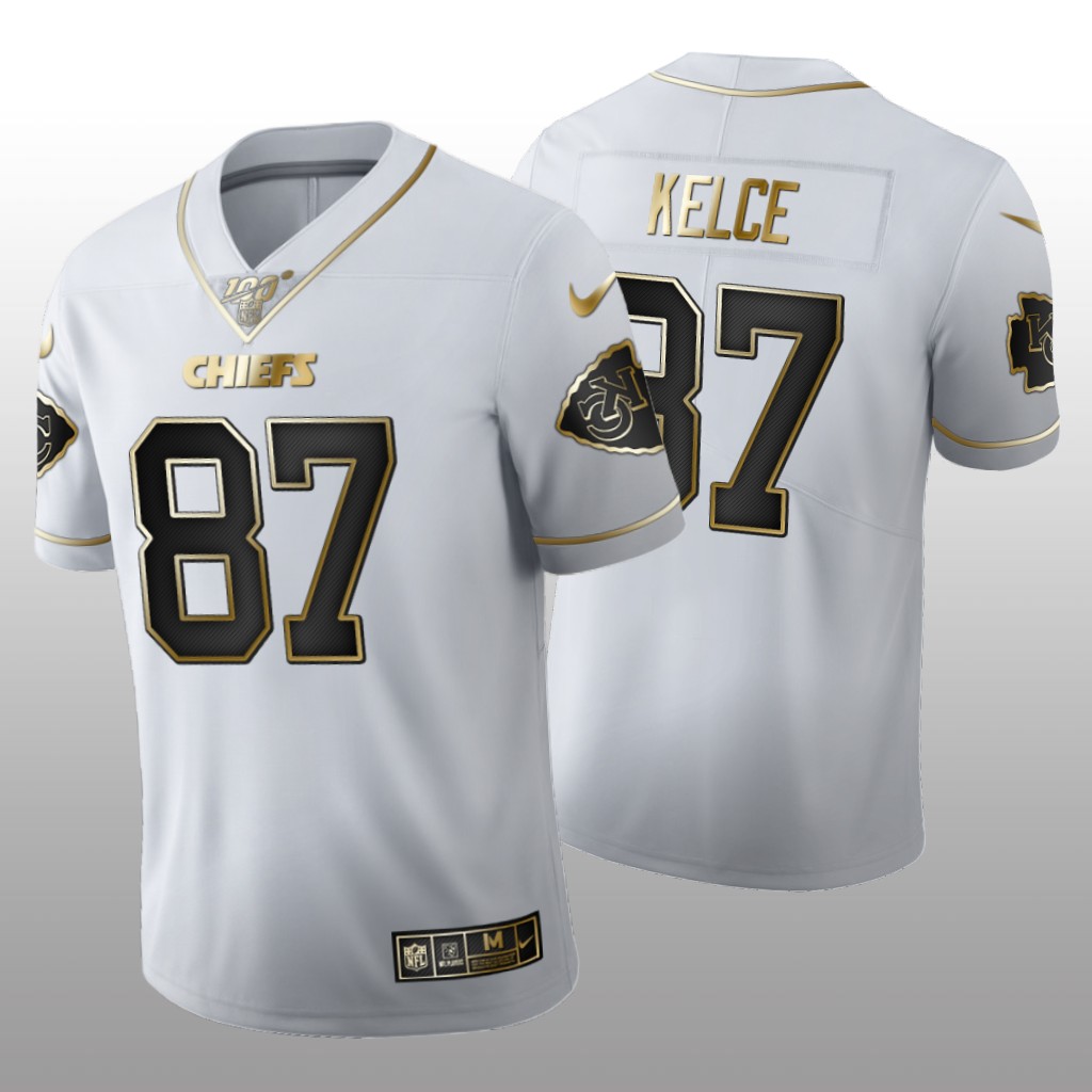 Kansas City Chiefs Travis Kelce White Golden Edition Jersey 100th Season Men's