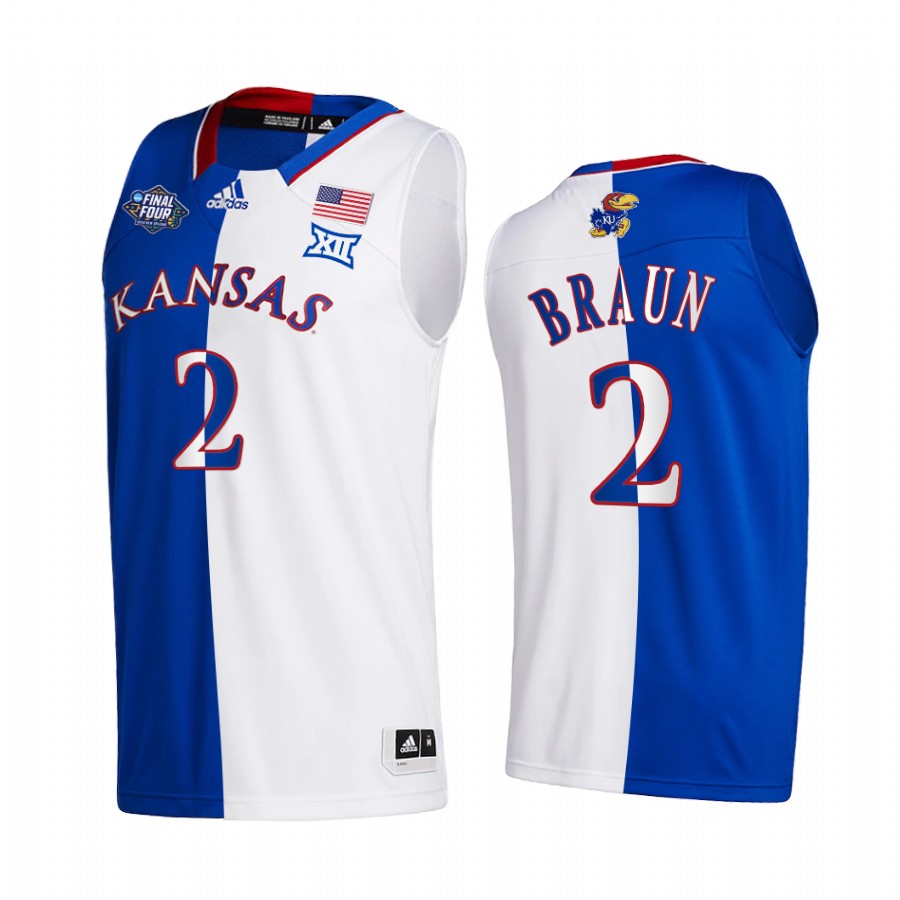 Kansas Jayhawks Christian Braun Jersey 2022 NCAA National Champions Royal White Split Edition Uniform