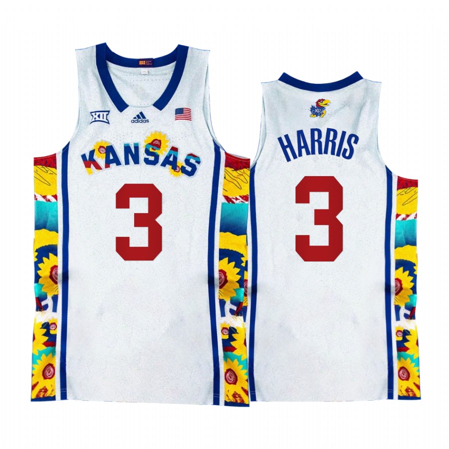 Kansas Jayhawks Dajuan Harris Jersey 2022 Sunflower Showdown White  Uniform