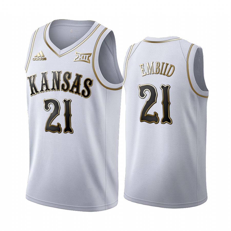 Kansas Jayhawks Joel Embiid 90s Throwback White Golden Limited Jersey NCAA