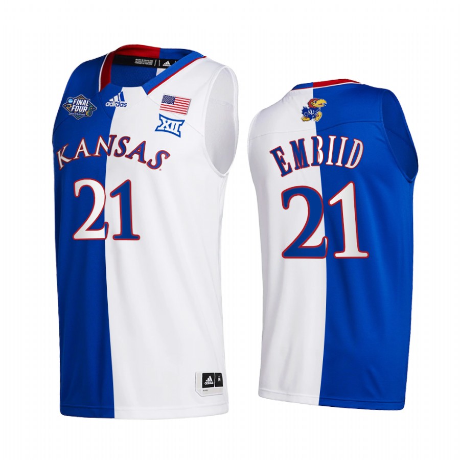 Kansas Jayhawks Joel Embiid Jersey 2022 NCAA National Champions Royal White Split Edition Uniform
