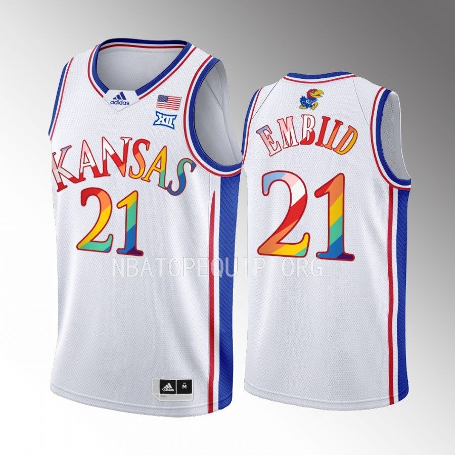 Kansas Jayhawks Joel Embiid Jersey 2023 Pride White  Uniform