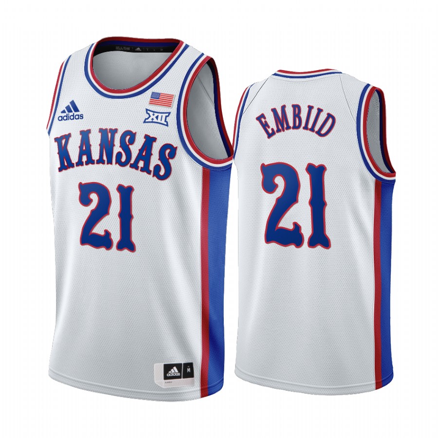Kansas Jayhawks Joel Embiid White 1990s Throwback 76ers Jersey College
