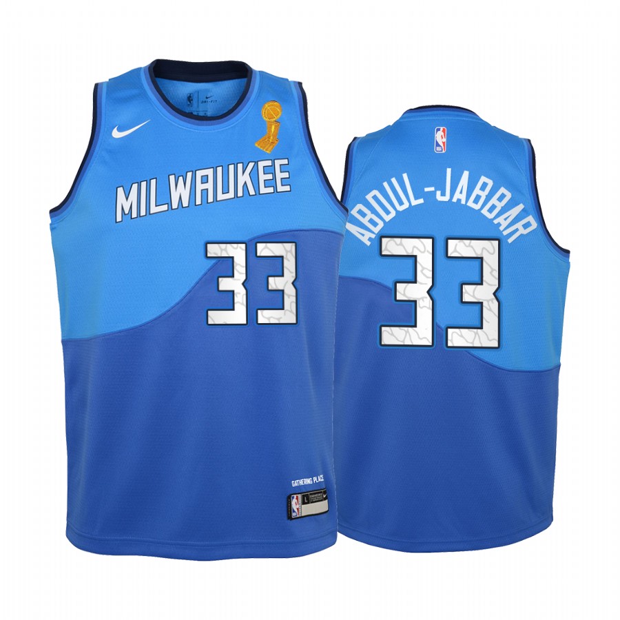 Kareem Abdul-Jabbar Milwaukee Bucks Blue 2021 NBA Finals Champions Youth Jersey City Edition