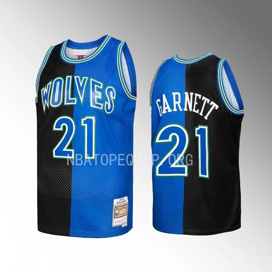Kevin Garnett Hardwood Classics 1995-96 Jersey Minnesota Timberwolves #21 Black Blue Split Swingman Men's Shirt