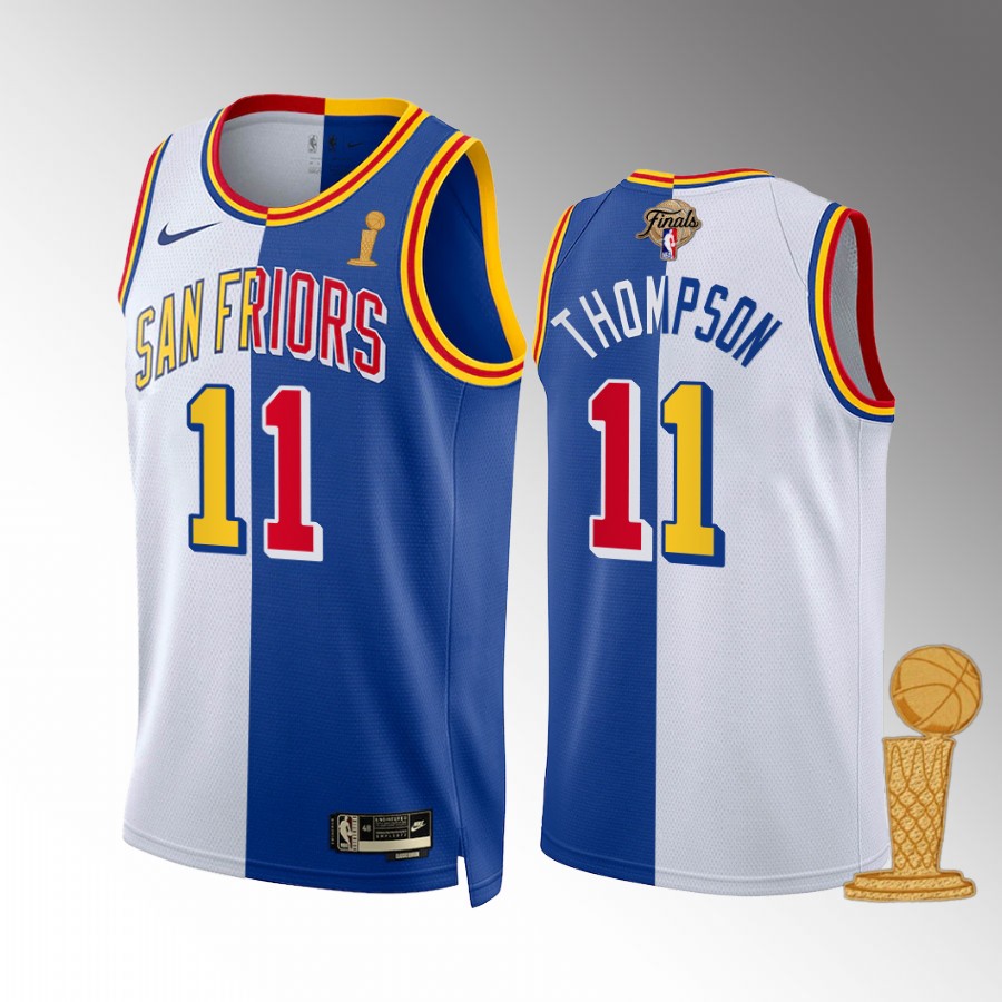 Klay Thompson 2021-22 NBA Champions Golden State Warriors White Royal #11 Jersey Classic Split