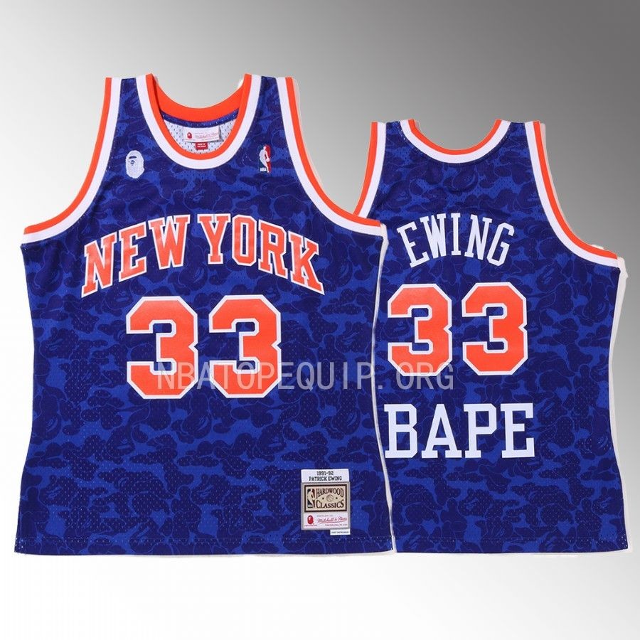 Knicks 2022 BAPE Patrick Ewing Blue Jersey #33 Camo Tanktop