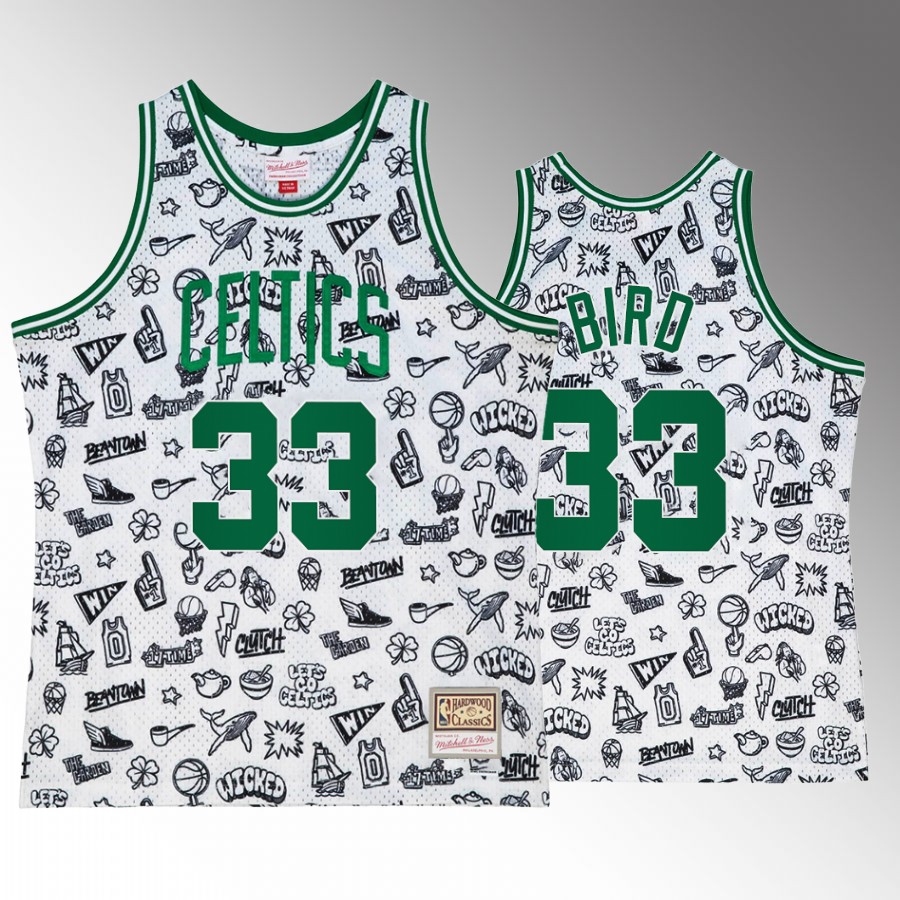 Larry Bird #33 Boston Celtics Hardwood Classics White Doodle Jersey