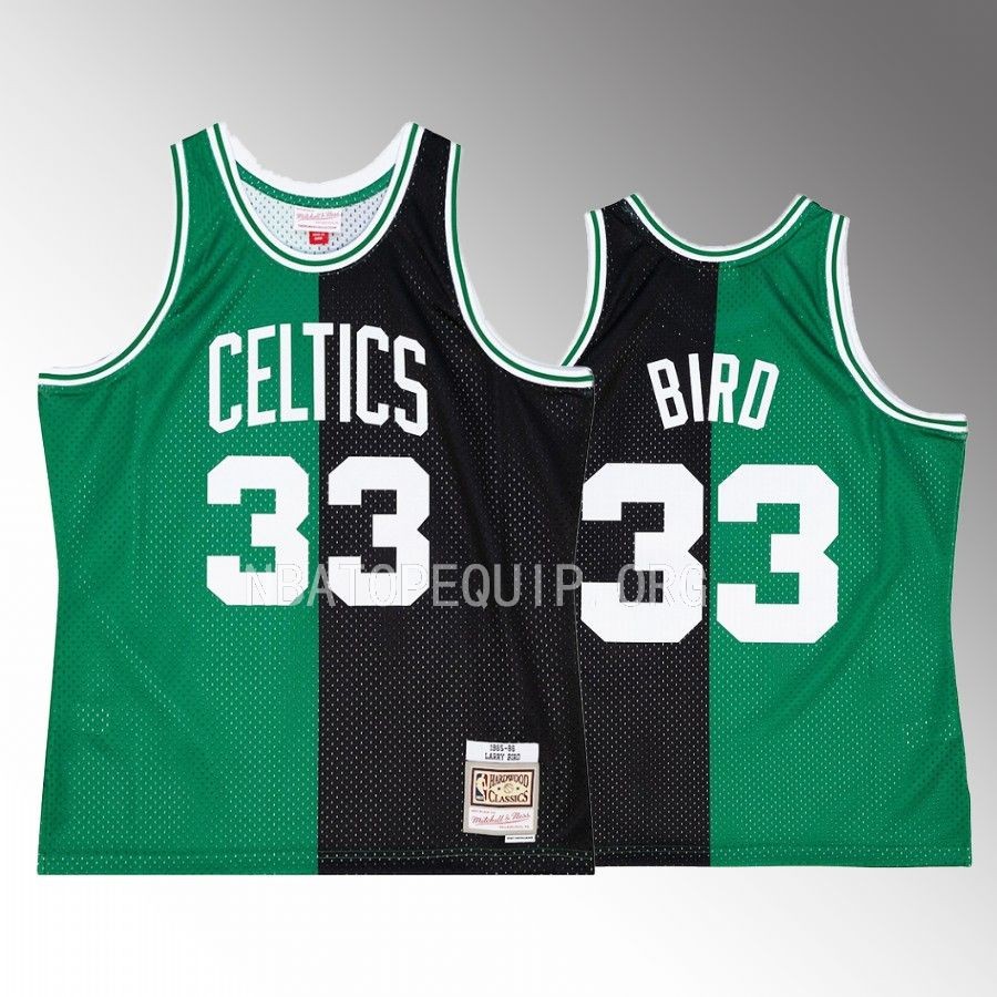 Larry Bird Hardwood Classics 1985-86 Jersey Boston Celtics #33 Black Green Split Swingman Men's Shirt