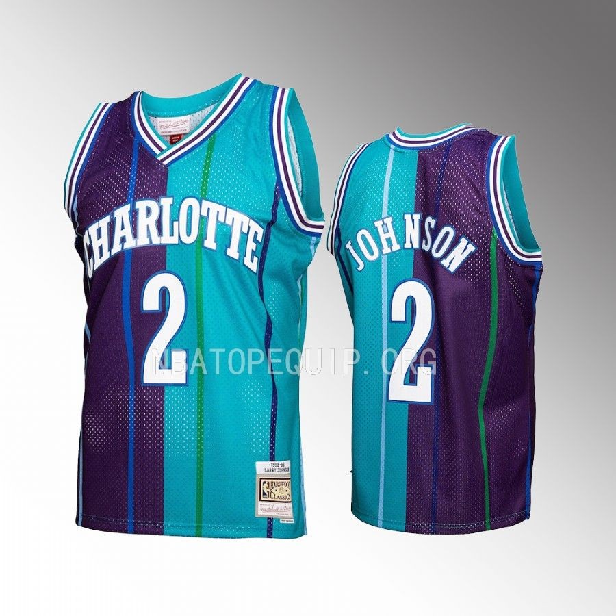 Larry Johnson Hardwood Classics 1992-93 Jersey Charlotte Hornets #2 Teal Purple Split Swingman Men's Shirt