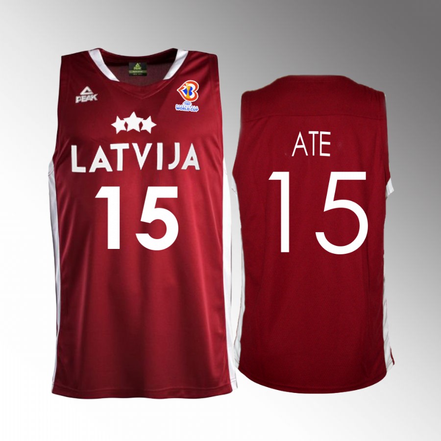 Latvia  #15 Artis Ate 2023 FIBA World Cup Away Men Jersey Red