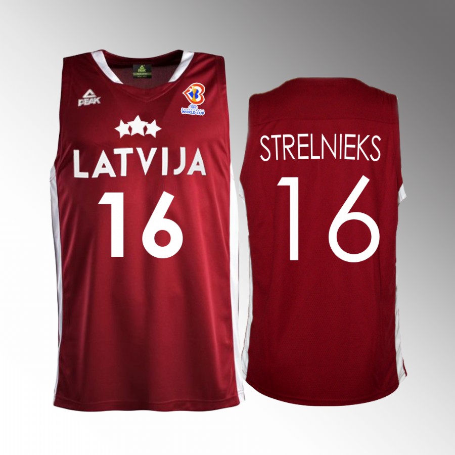 Latvia  #16 Janis Strelnieks 2023 FIBA World Cup Away Men Jersey Red