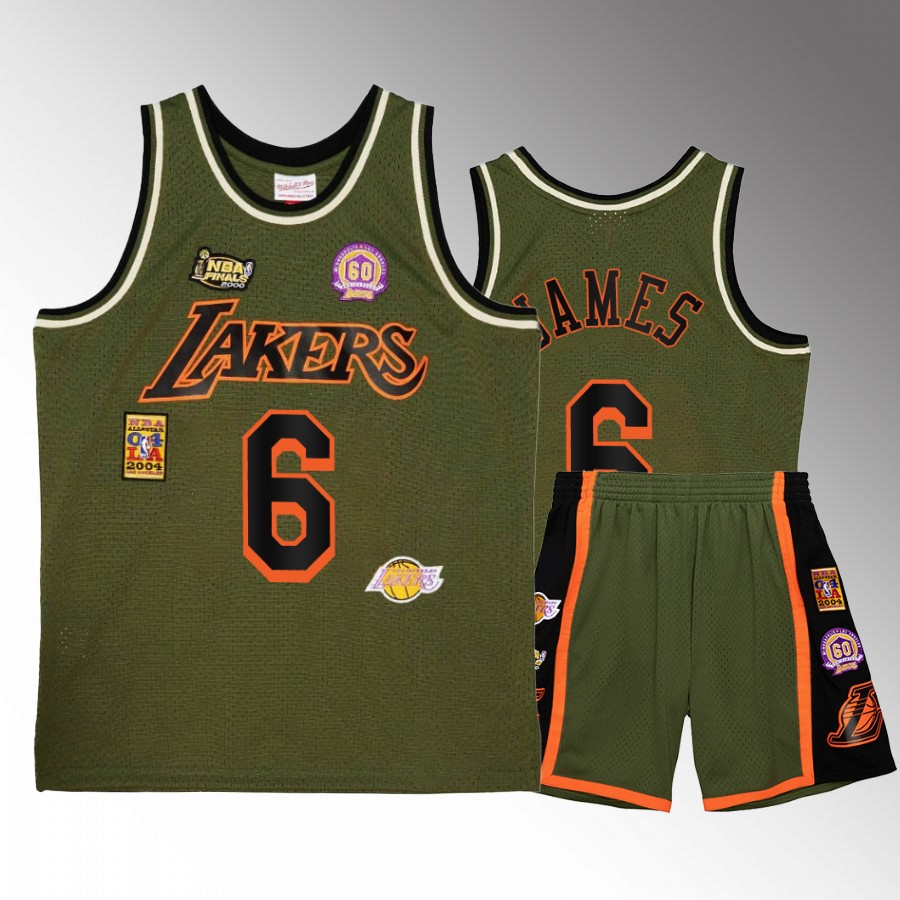 LeBron James #6 Los Angeles Lakers Military Flight patchs Green Shorts Set Jersey