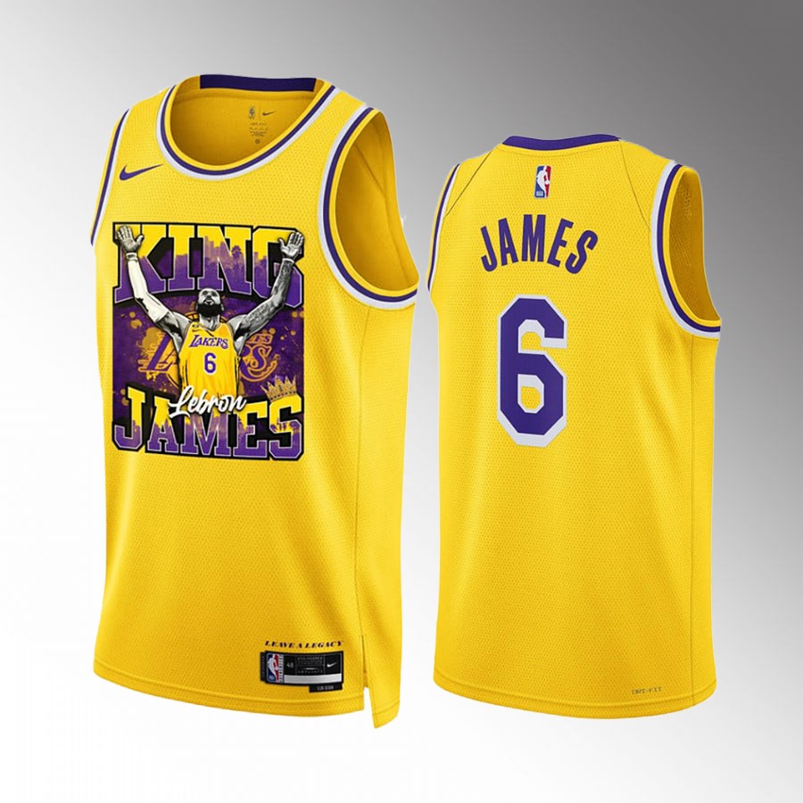 LeBron James Los Angeles Lakers Gold #6 Jersey The King In LA Screen Print Graphics