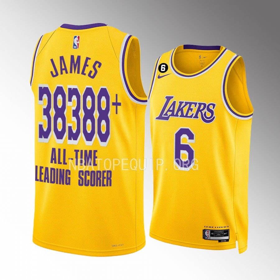LeBron James NBA All-Time Scoring Record 38388 Los Angeles Lakers #6 Gold Jersey Commemorative