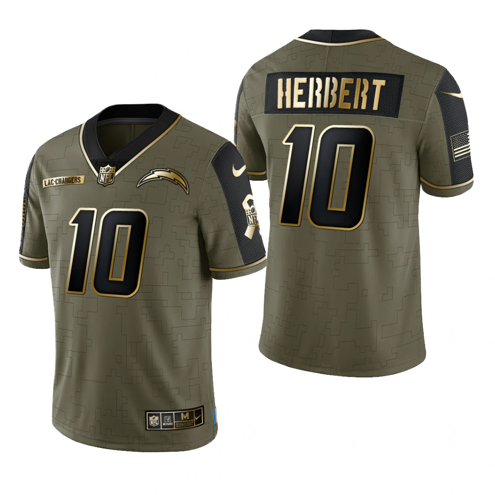 Los Angeles Chargers Justin Herbert Olive Gold Limited Jersey 2021 Salute To Service - Men's