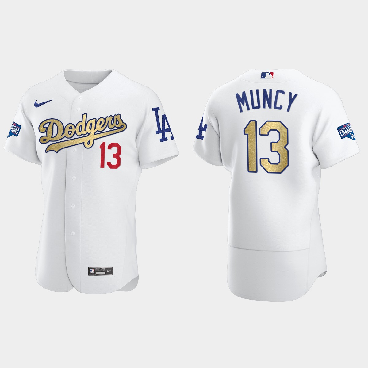 Los Angeles Dodgers #13 Max Muncy 2020 World Series Champions Gold Program Jersey - White