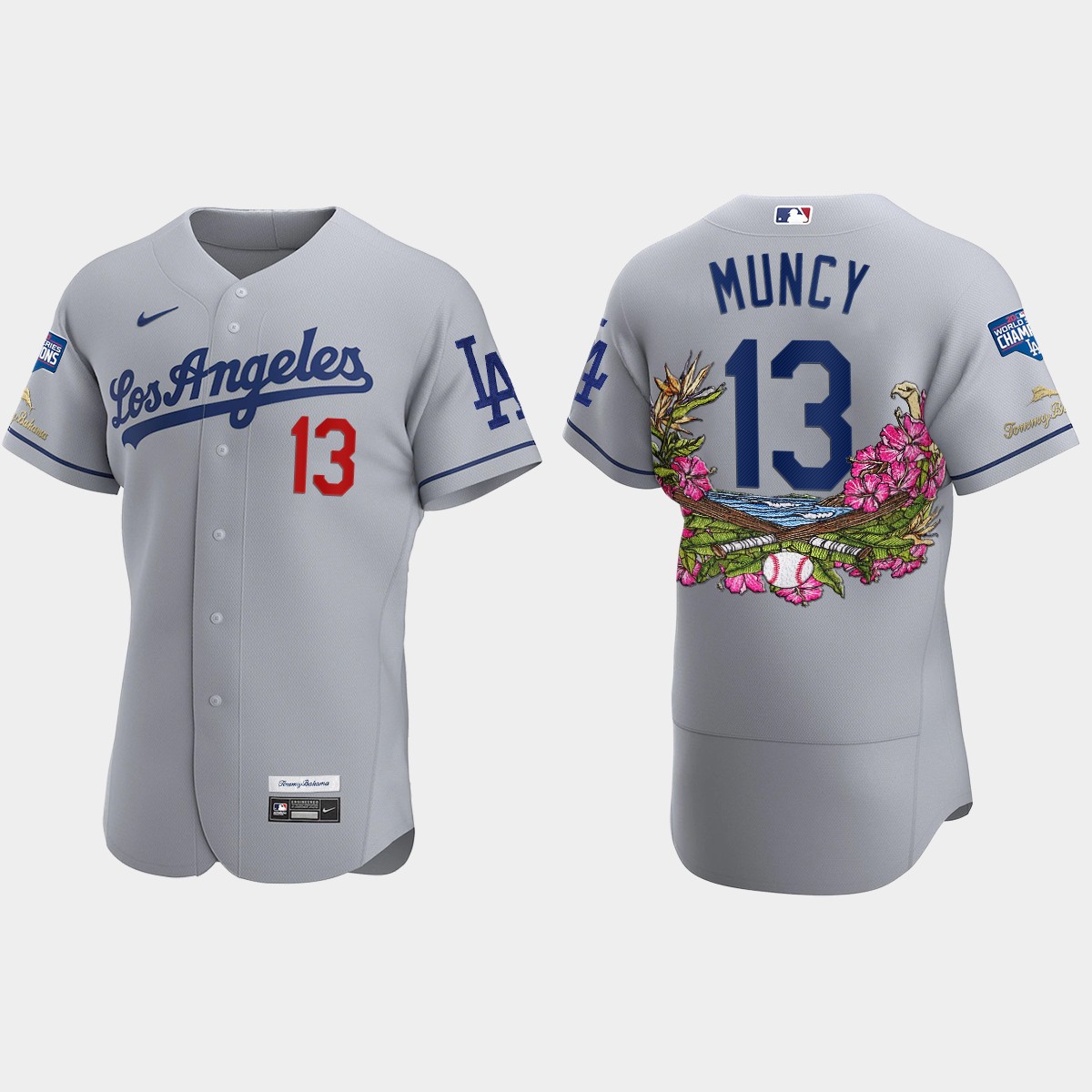 Los Angeles Dodgers #13 Max Muncy 2020 World Series Champions Tommy Bahama Jersey - Gray