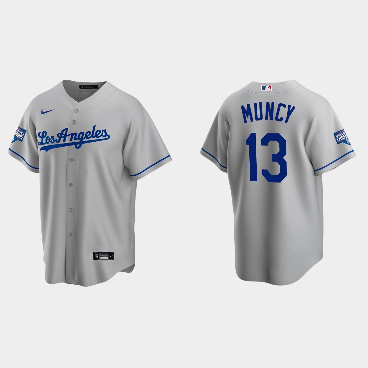 Los Angeles Dodgers #13 Max Muncy Road Team 2020 World Series Champions Jersey - Gray