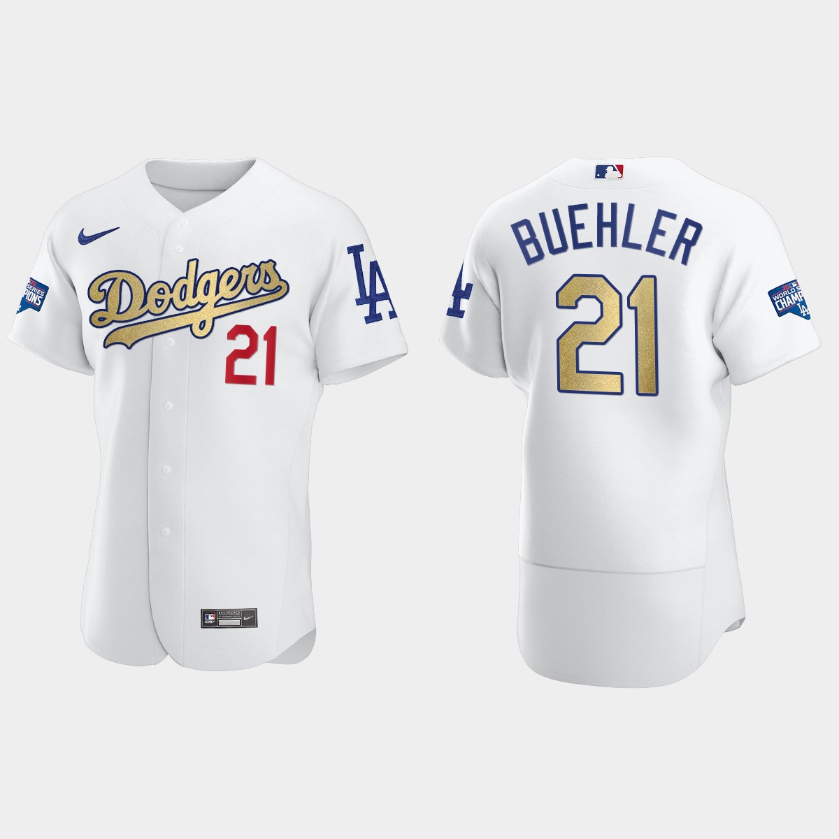 Los Angeles Dodgers #21 Walker Buehler 2020 World Series Champions Gold Program Jersey - White