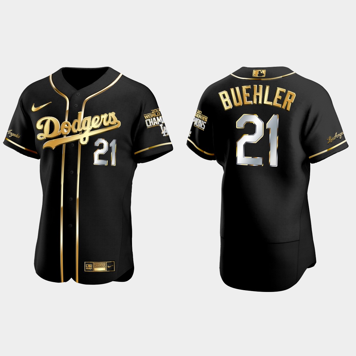 Los Angeles Dodgers #21 Walker Buehler 2020 World Series Champions Golden Edition Jersey - Black