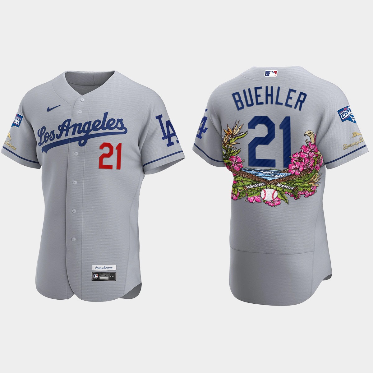 Los Angeles Dodgers #21 Walker Buehler 2020 World Series Champions Tommy Bahama Jersey - Gray