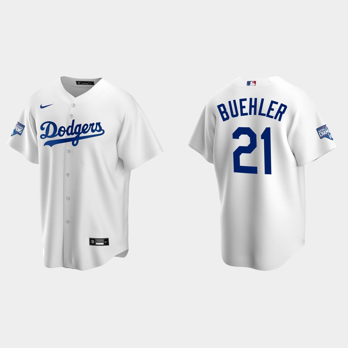 Los Angeles Dodgers #21 Walker Buehler Home Patch Player 2020 World Series Champions Jersey - White