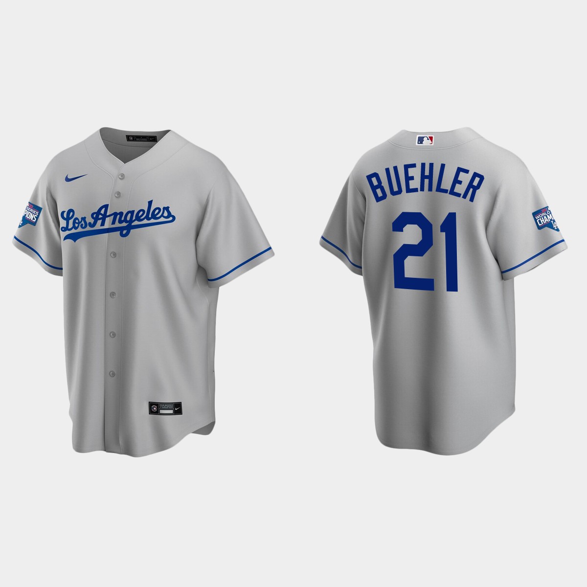 Los Angeles Dodgers #21 Walker Buehler Road Team 2020 World Series Champions Jersey - Gray