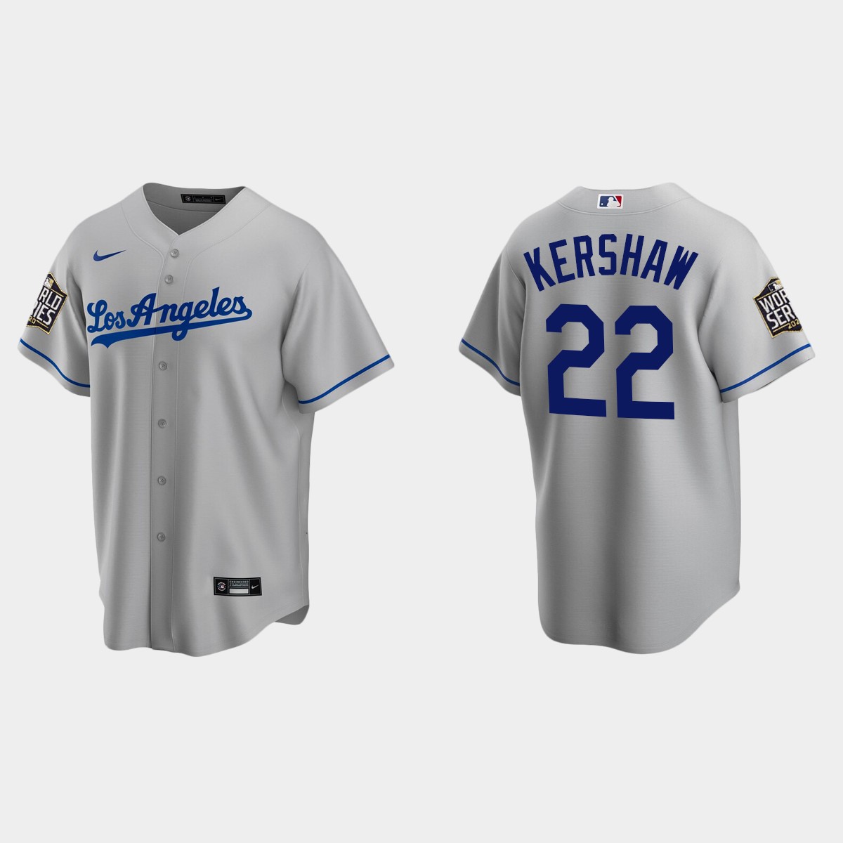 Los Angeles Dodgers #22 Clayton Kershaw 2020 World Series Road Jersey - Gray