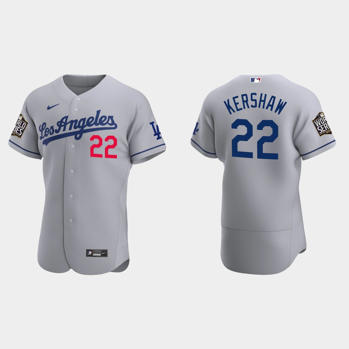 Los Angeles Dodgers #22 Clayton Kershaw 2020 World Series Road Jersey - Gray