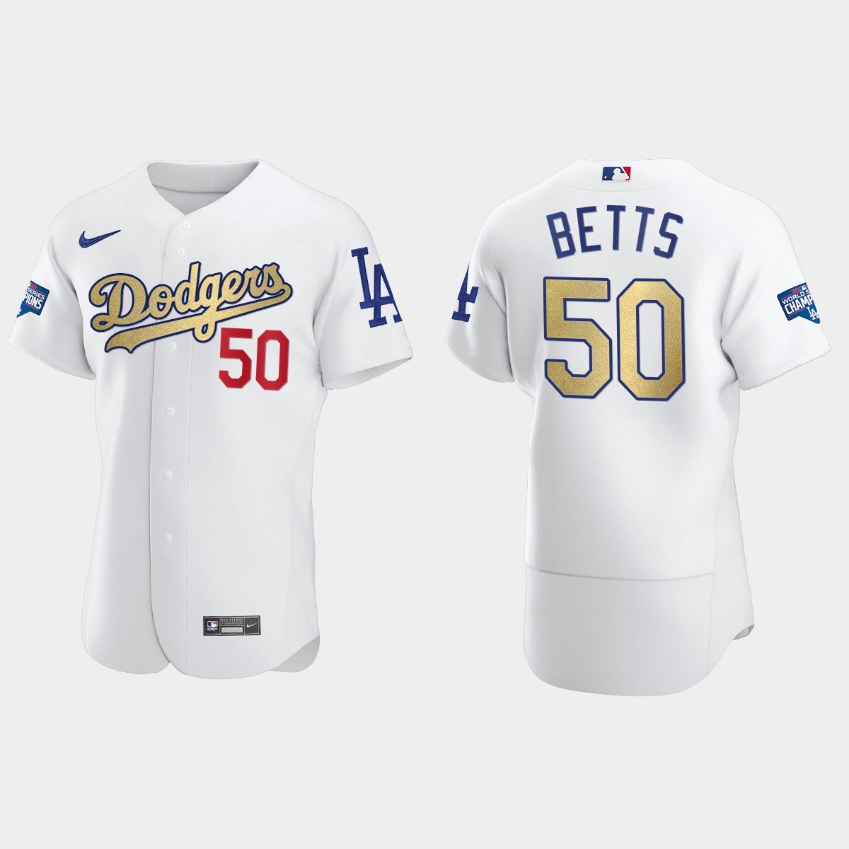 Los Angeles Dodgers #50 Mookie Betts 2020 World Series Champions Gold Program Jersey - White