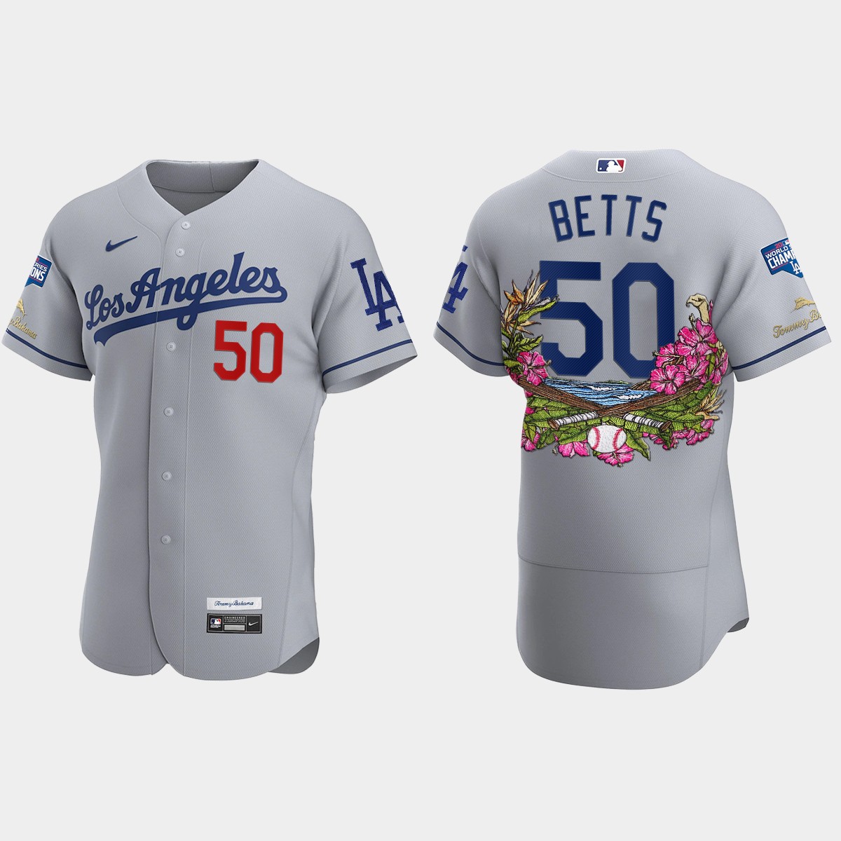 Los Angeles Dodgers #50 Mookie Betts 2020 World Series Champions Tommy Bahama Jersey - Gray